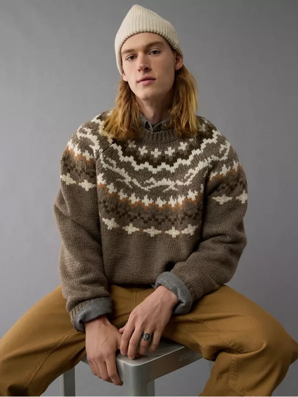 American Eagle Outfitters Men's Brown Fair Isle Knit Wool Blend Sweater